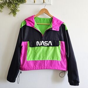 NASA Pink Green Neon Colorblock Windbreaker Pullover by Chemistry – Size L